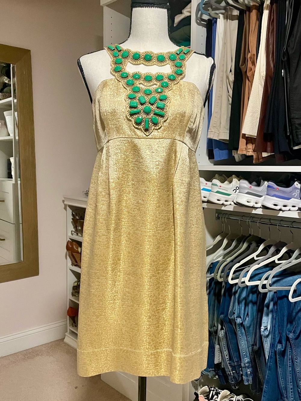 Shoshanna Gold Dress with Green Beaded Necklace Detail